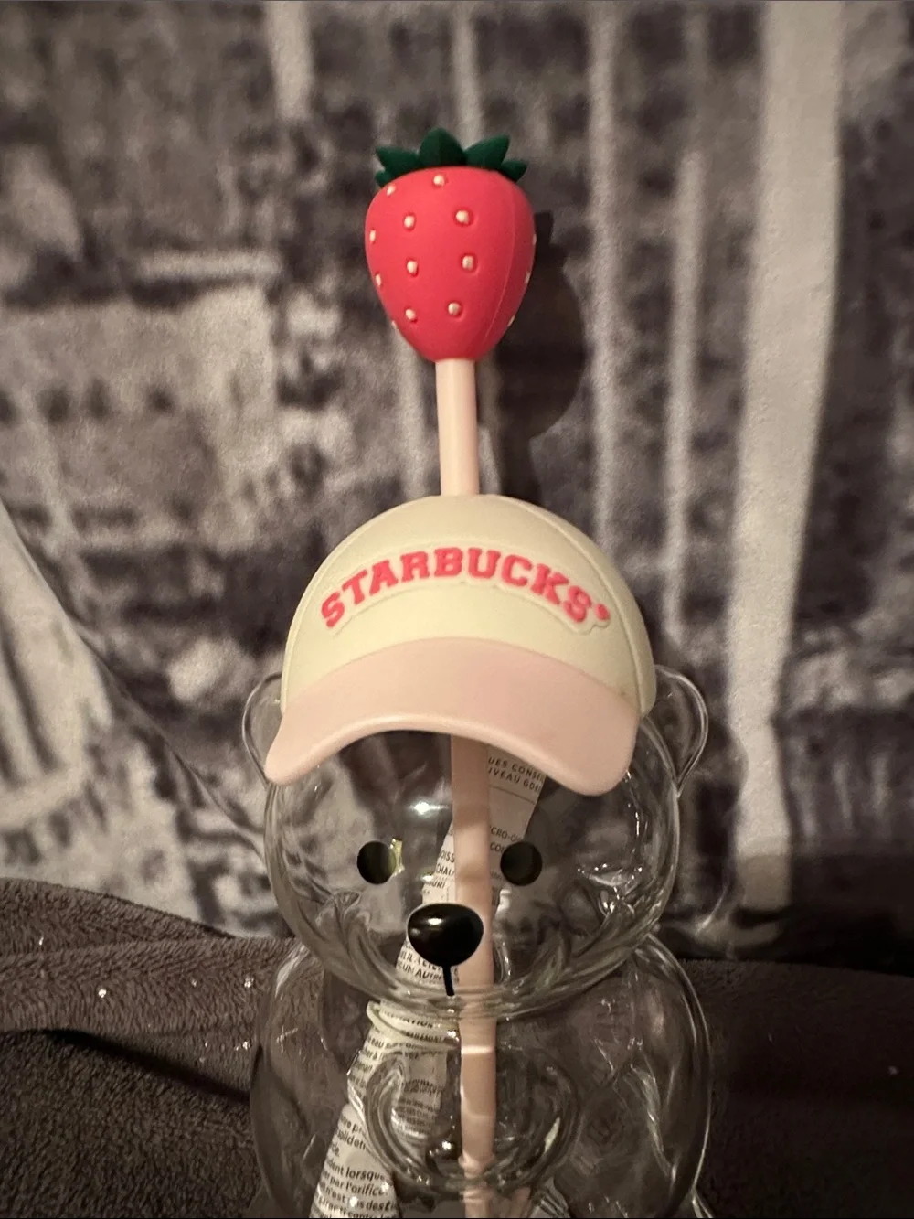 Starbucks Clear Bear Tumbler with Pink Strawberry Straw Charm